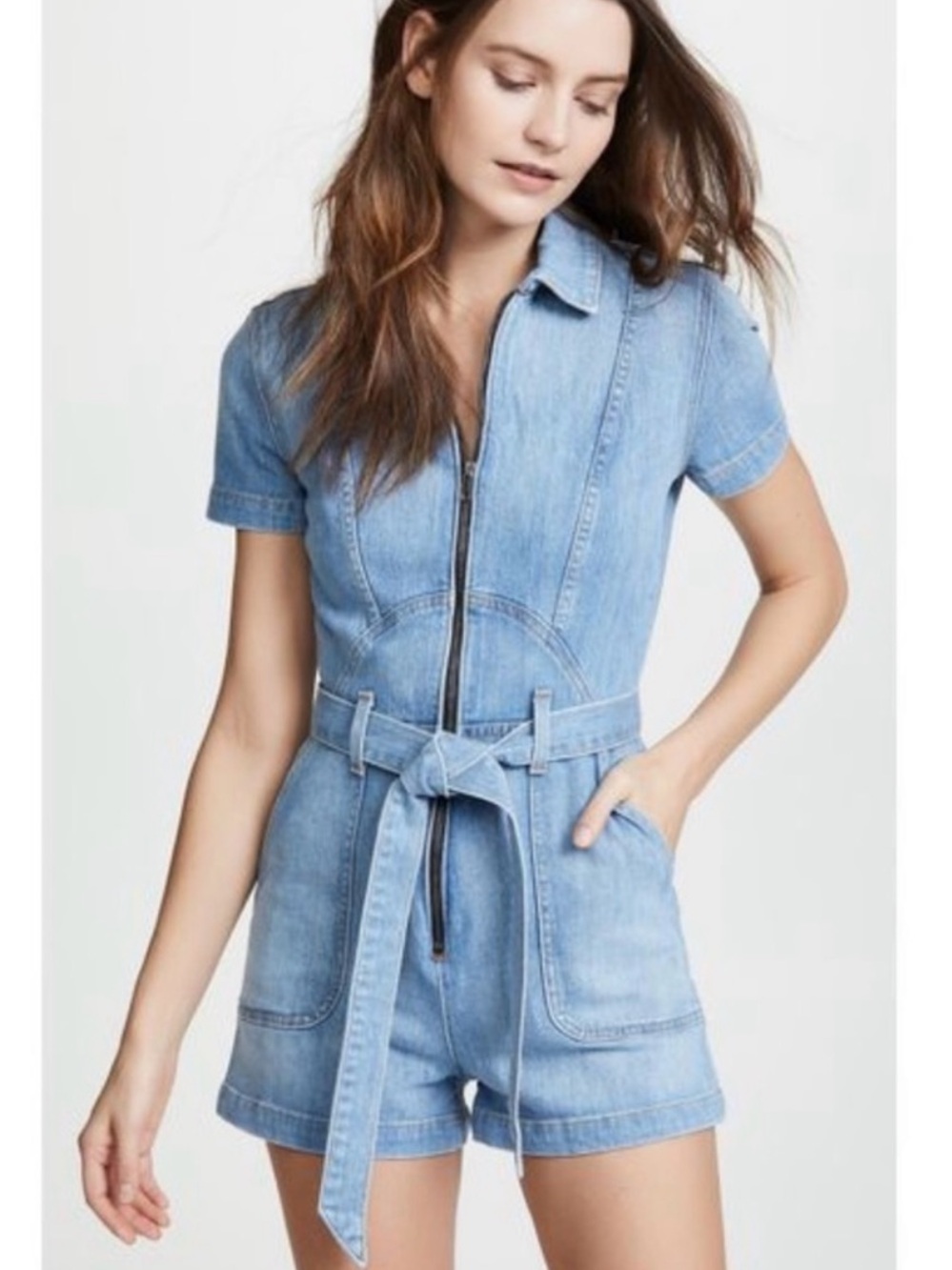 Alice and Olivia zip front denim romper